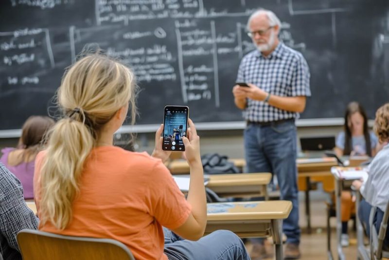 Student on phone in classroom